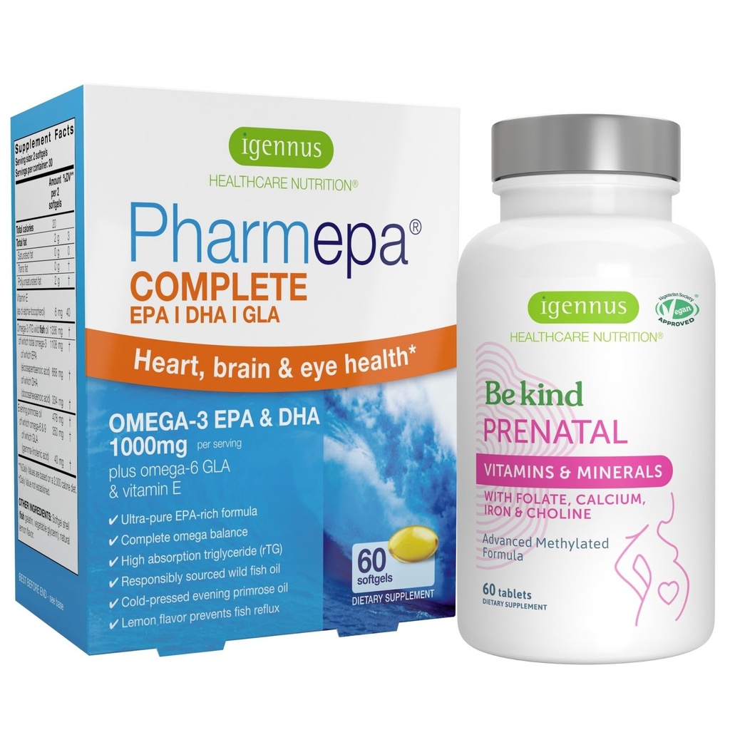 Advanced Prenatal Multivitamin & Pharmepa Complete EPA DHA rtG Omega 3 1000mg Podpora nosečnosti Bundele, by Igennus