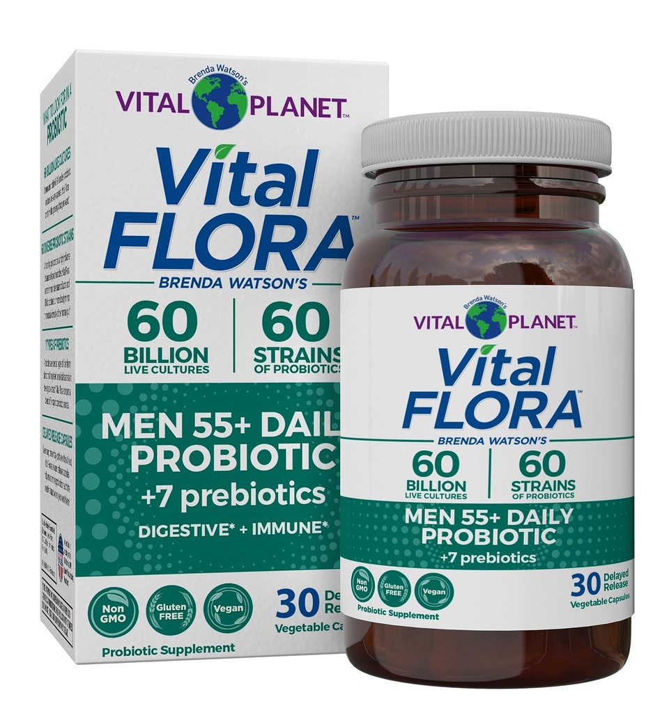 Vital Planet - Vital Flora Men 55+ Dnevni probiotik, 60 milijard CFU, 60 Diverse sevi, 7 Organic Prebiotics, Imunska podpora, Gas Relief, Colon and Digestive Health Probiotics za moške 30 Kapsule