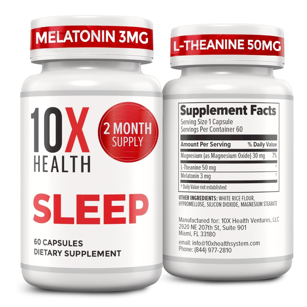 10X dopolnila za zdravo spanje za odrasle - 60 kapsul - melatonin 3mg, L Theanin, Magnezij dodatek, magnezijev oksid za globoko, boljši počitek in sprostitev - 3-v-1 naravna podpora za spanje