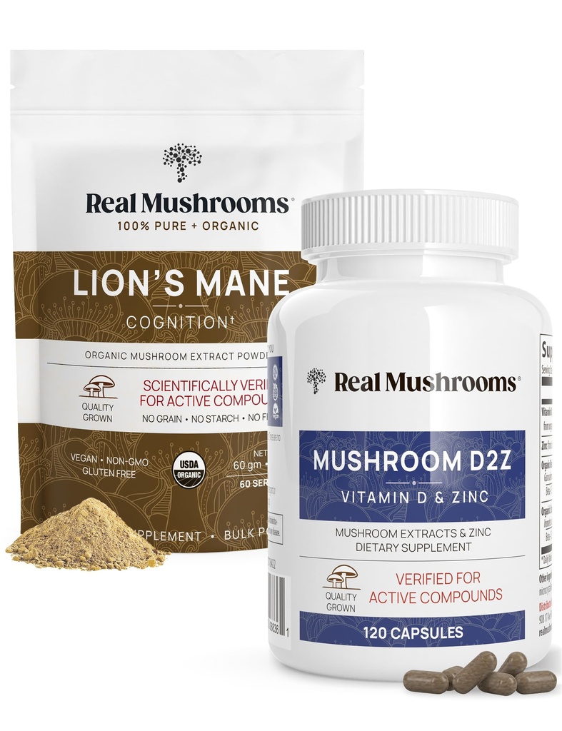 Prave gobe Vitamin D2, kelirani cink, Chaga, Reishi (120ct) in organski levji manov prah (60 strežnic)