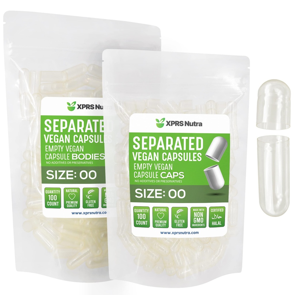 XPRS Nutra Vegan Velikost 00 Ločene kapsule - 100 Štetje Prozorne Prazne kapsule Ločene v vrečah - 00 Tablete Prazne za polnjenje DIY