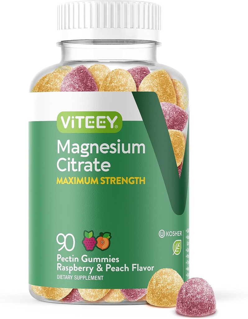 VITEEY Magnezij Gumiji za odrasle - 255mg magnezijev citrat Gumi za mirno, spanje, živčne in mišične funkcije podpora - Vegan, Gluten prost - 90 Count