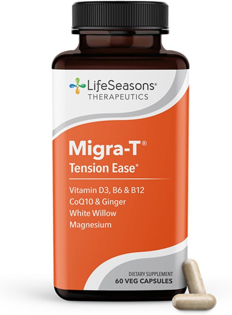 LifeSeasons Migra-T z Relieve-R PM - Migraine Prevention & Relief dodatek - Podpira hude glavobole - zmanjša zvok svetlobe & Odor občutljivost - Feverfew, White Willow, Magnezij Ginger & CoQ10