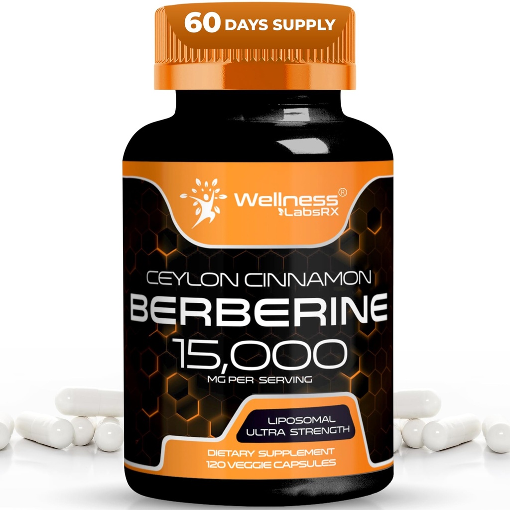 WELLNESS LABSRX Berberine Dodatek 15.000 mg - Berberine s cimetom Ceylon, skupne kapsule za podporo Wellness - 120 kapsul (paket po 1)