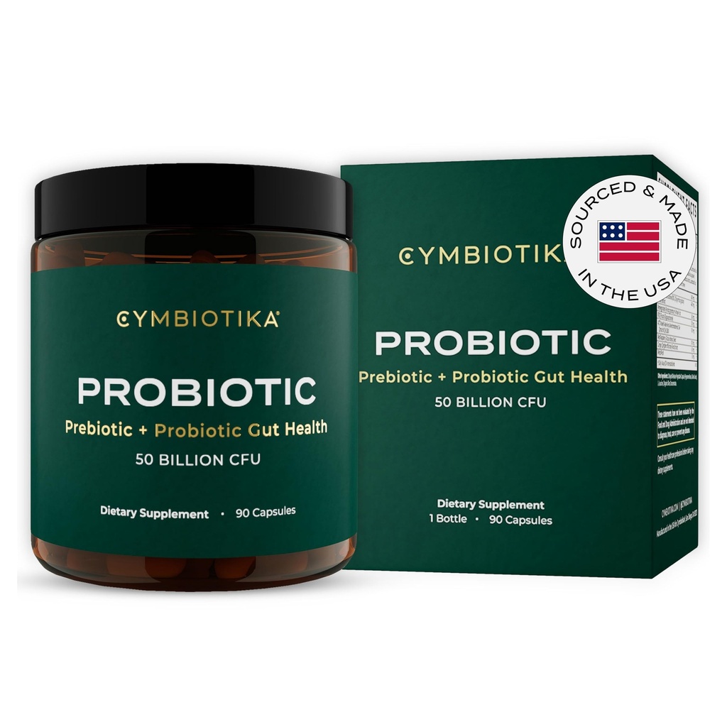 CYMBIOTIKA probiotik + prebiotik, 60 milijard CFU - 19 sevov, Gut Health Supplement za ženske in moške, Imunska podpora, Prebavno zdravje, & Gut Balance, 90 kapsul, 1 mesec zaloge, Made in USA