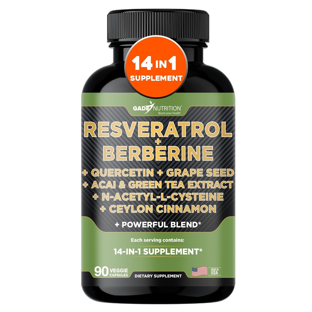 Gade Nutrition Resveratrol Berberine Quercetin Grozdje Izvleček zelenega čaja Izvleček N-Acetil Cisteine - 14 v 1 Complex Supplement za ženske in moške s potentnimi antioksidanti - Izdelano v ZDA