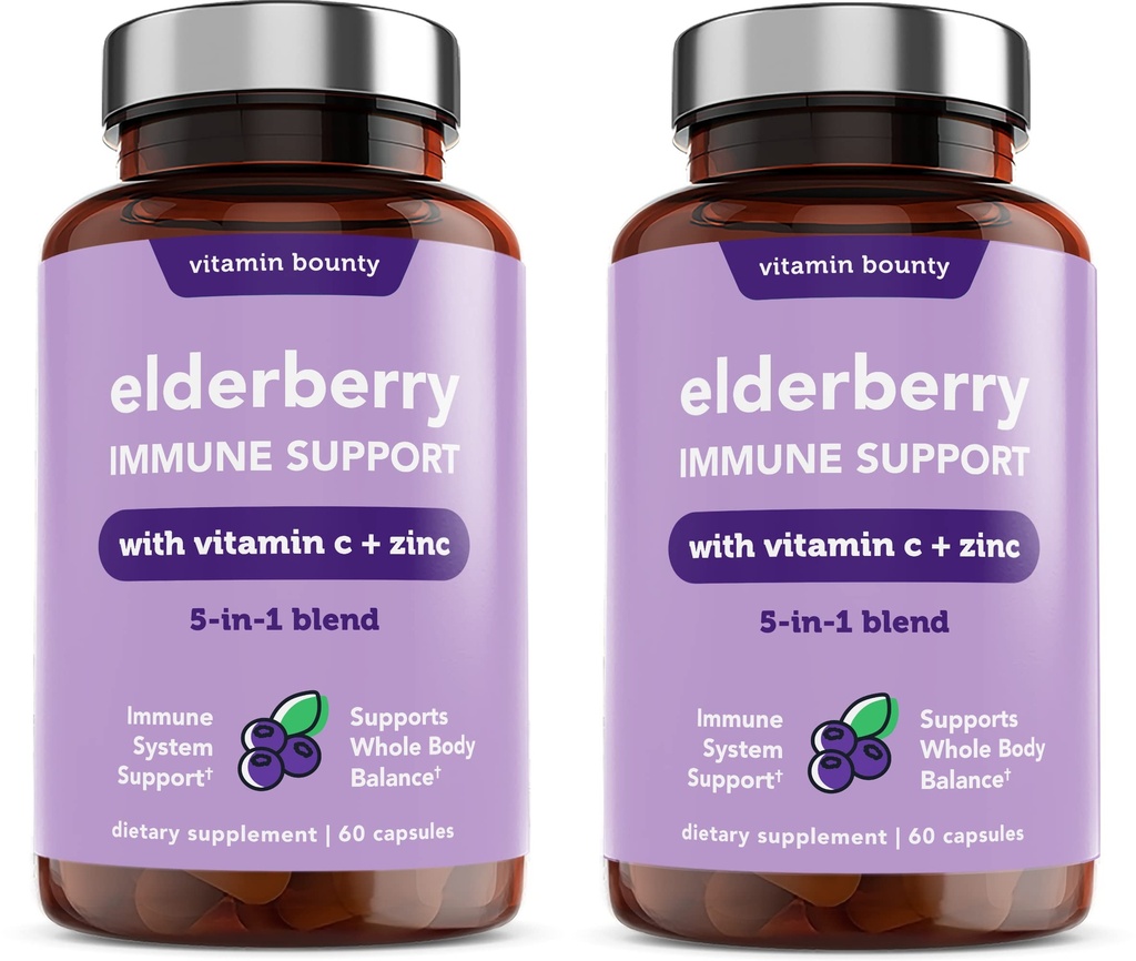 Vitamin Bounty Elderberry Imune Support - z cinkom, vitaminom C & Echinacea, Advanced 5- v-1 mešanica, močan antioksidant, podpira celotno ravnovesje telesa, Non-GMO - 60 kapsul, 2 pakiranji