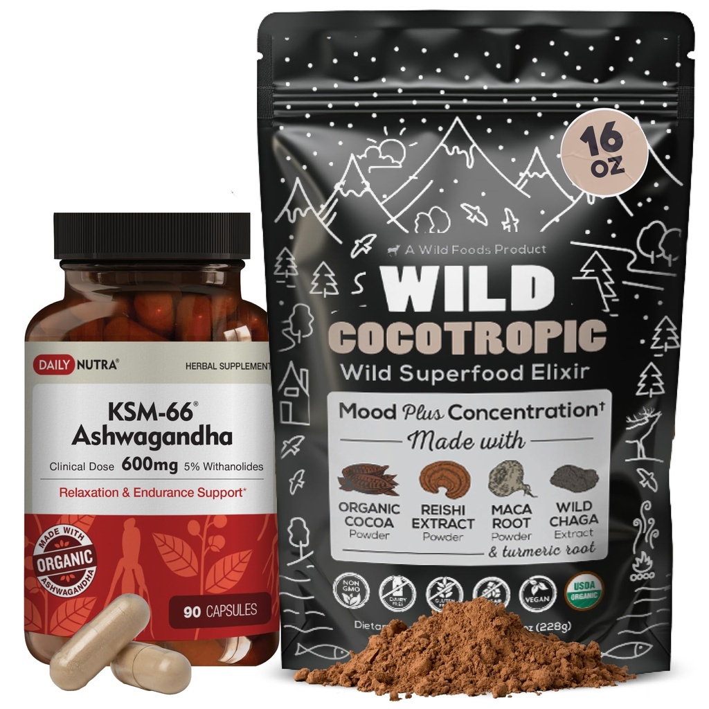 DailyNutra KSM 66 Ashwagandha (90 kapsul) in gobe Cacao Mix (16oz) paket za sprostitev in fokus