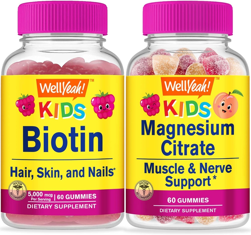 WellYeah Biotin Kids + Magnezijev Citrat Otroci, Gummies Bundle - odlično degustacijo, Vitamin dopolnilo, Gluten brezplačno, GSO brezplačno, Žvečilni gumi