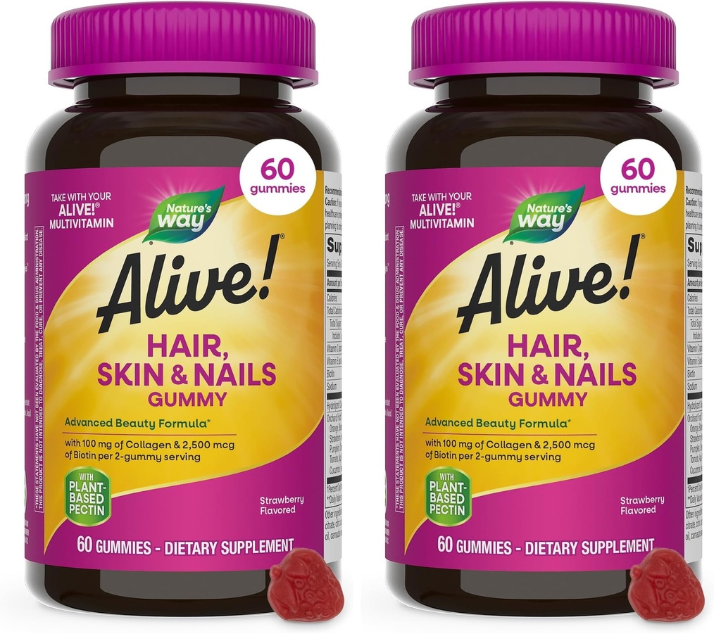 Naravna pot živa! Lasje, kože in nohti Gummies, Napredna Beauty Formula*, z Biotin in Collagen, Jagodna aroma, 60 Gummies (Packaging May Vary) (Pack z 2)