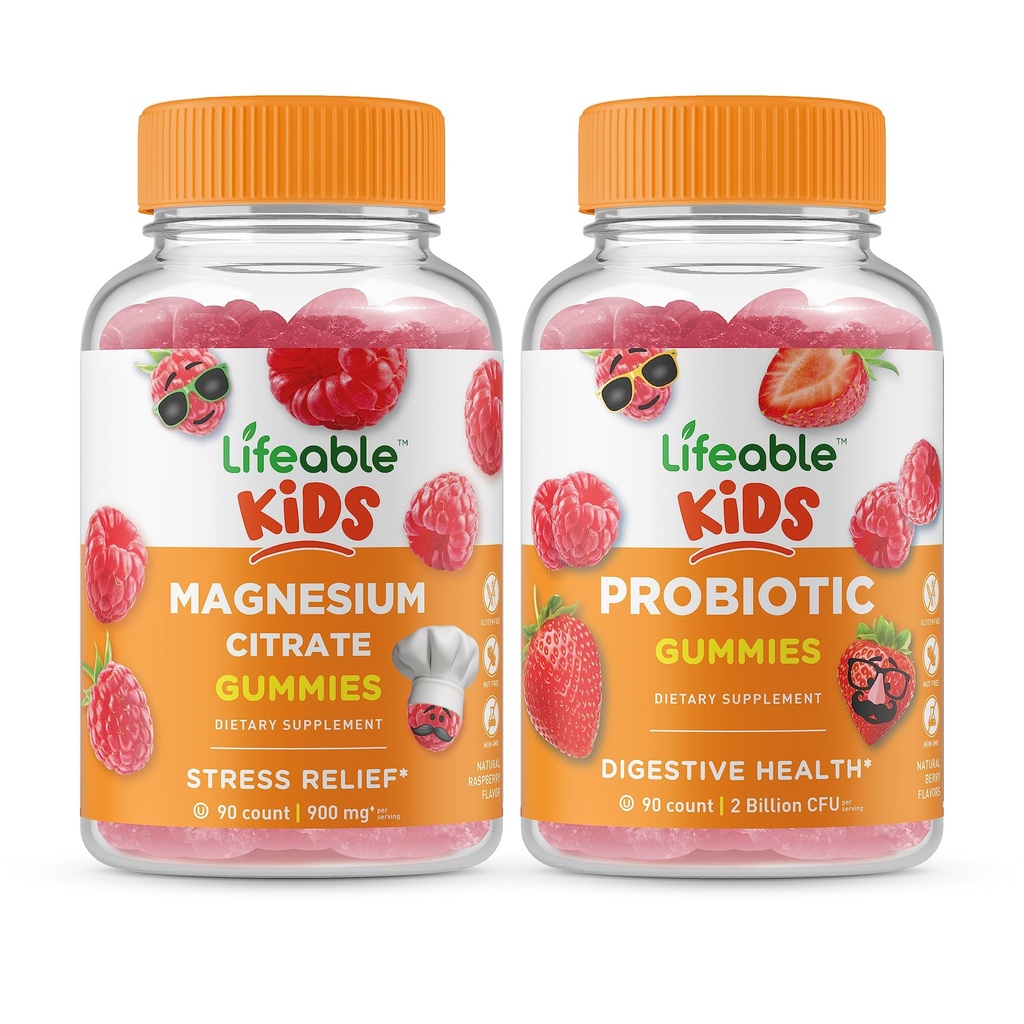 Življenjski Magnezij Otroci + Probiotik 2 milijarda CFU otroci, Gummies Bundle - odličen okus, Vitamin dopolnilo, Gluten brezplačno, GSO brezplačno, Žvečljivi Gummy