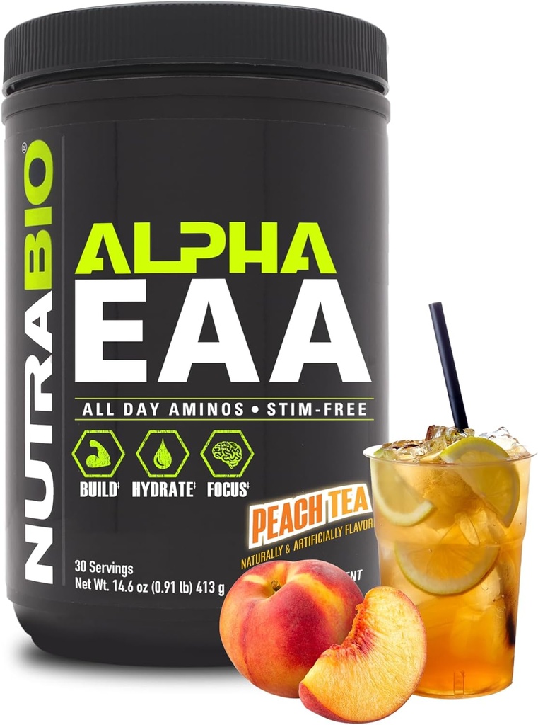 NutraBio Alpha EAA - All-Day Aminokisline za mišično rast in hidracijo - Esencialne aminokisline z nootropiki & adaptogeni- Celoten spekter EAA BCAA Prašek - 30 Servinacije - Peach Tea