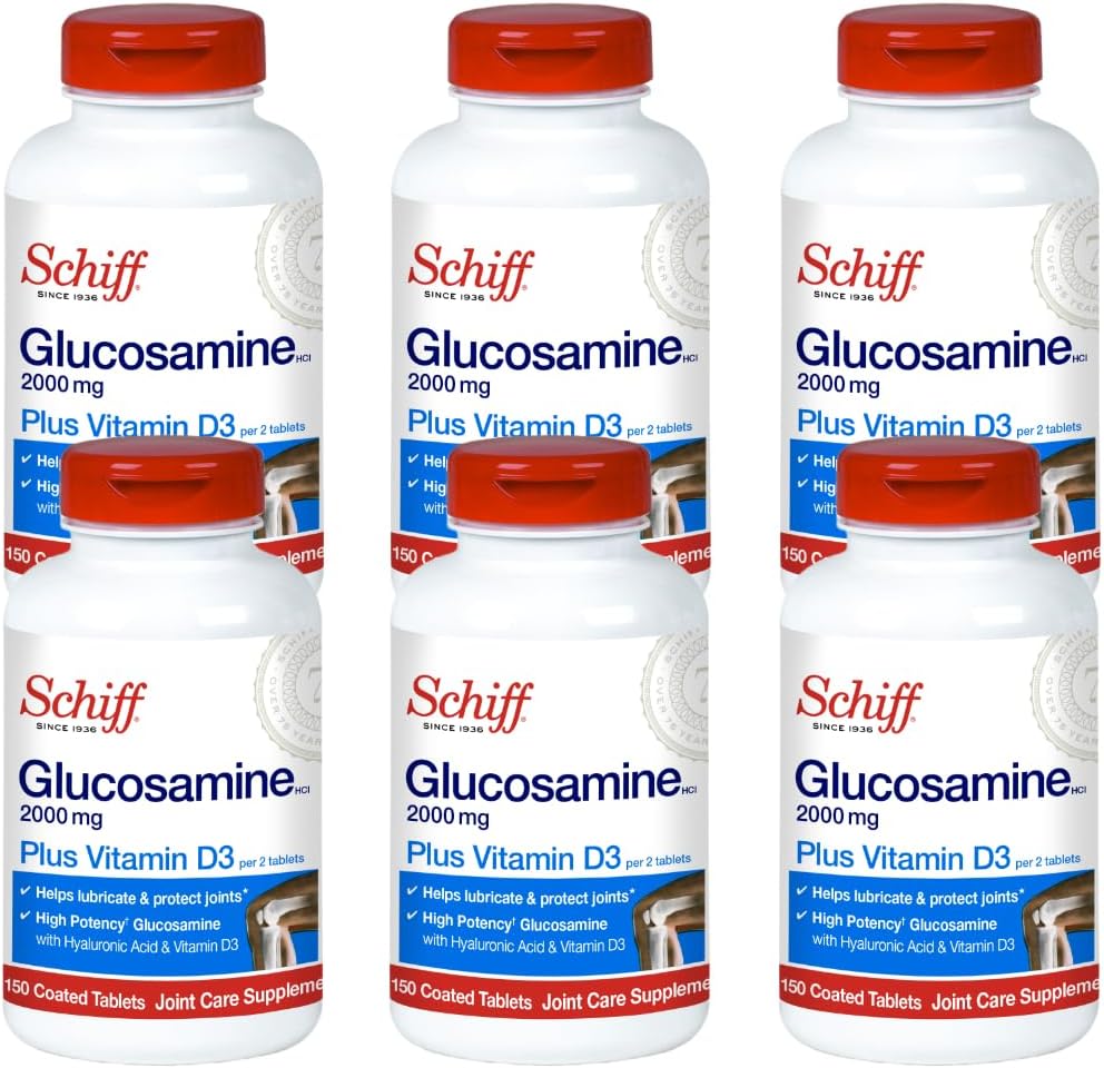 Schiff Glukozamin 2000 mg z vitaminom D3 in hialuronsko kislino, 150 tablet – dodatek za sklepe (paket po 6)