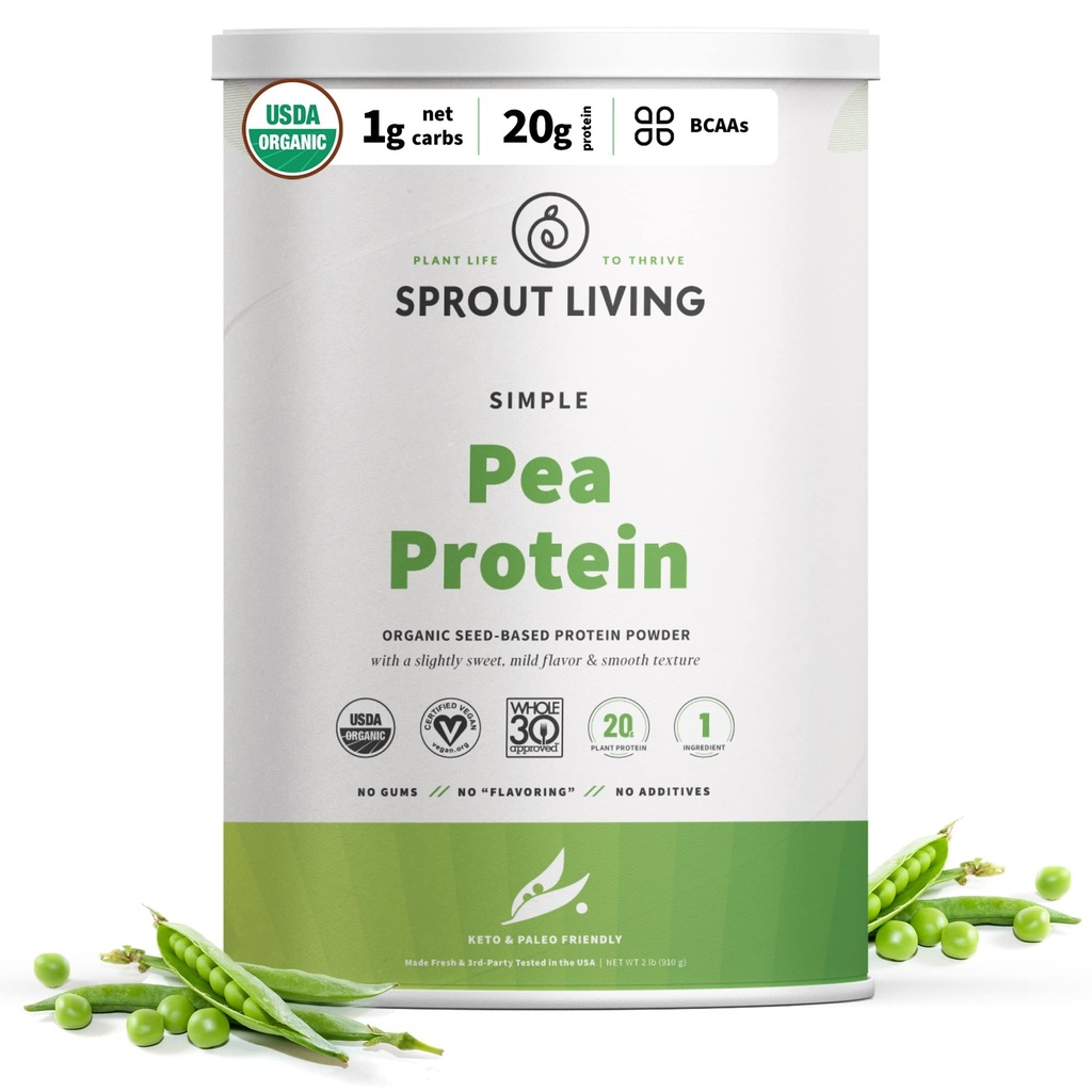Sprout Living Organic Pea Protein Powder, nearomatiziran, 20 Gram rastlinskih organskih beljakovin v prahu brez umetnih sladil, nemaščobnih, ne-GMO, Vegan, Gluten brez (2 funt, 38 obrokov)