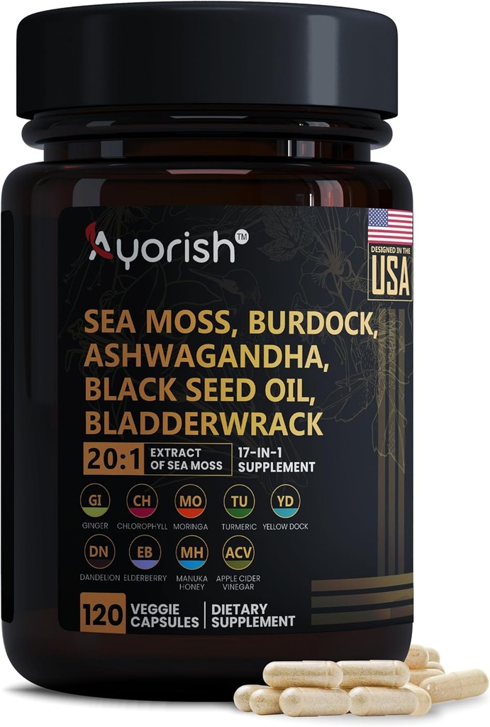 Kapsula Sea Moss 30:1 Visoka jakost 6000mg Enakovredno na serving, črno seme Ashwagandha ingver kapsule, Kurkuma, Moringa, Bladderwrack, korenina Burdock, Manuka med, cinamon 120