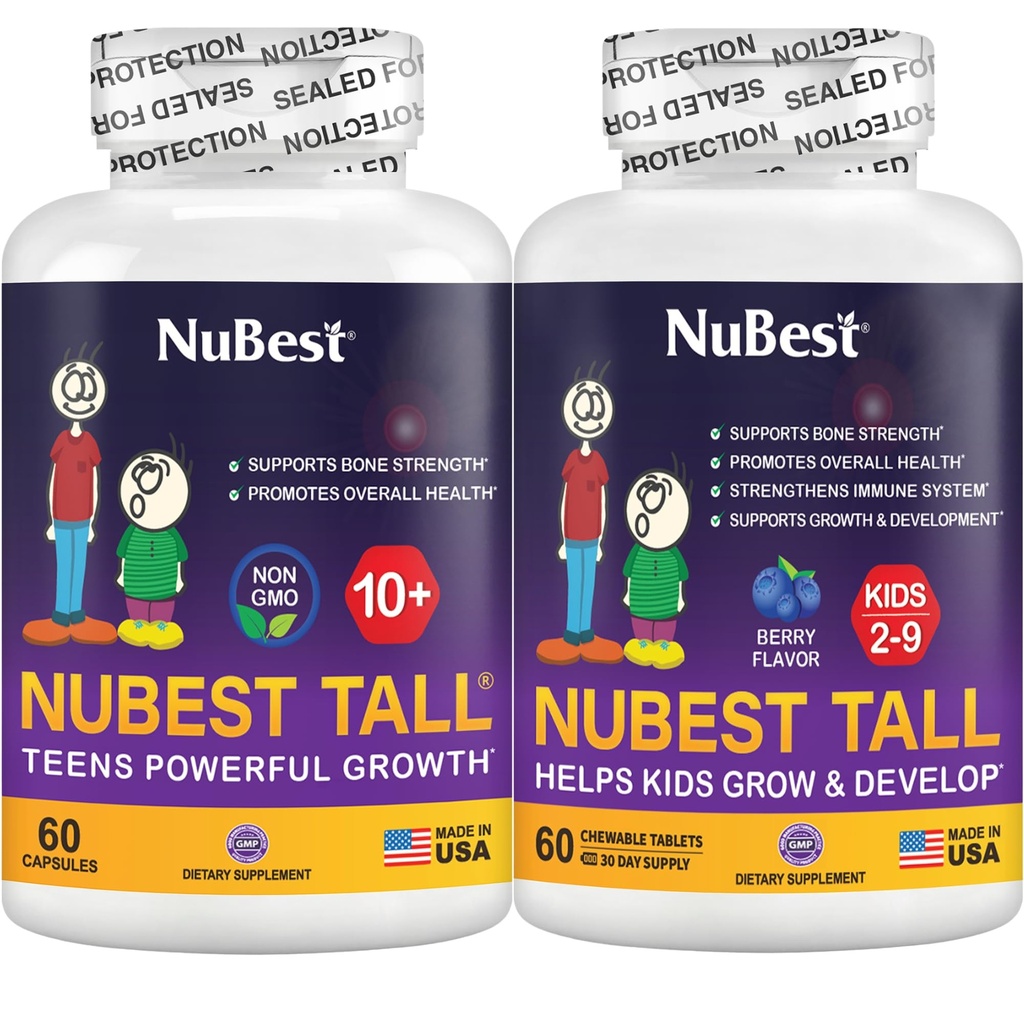 NuBest Bundle Tall 10+ 60 Capsules Tall Kids 60 Chewable Tablets | Height Growth Support for Kids & Teens | Calcium, Vitamins D3 K2, Collagen & Herbs