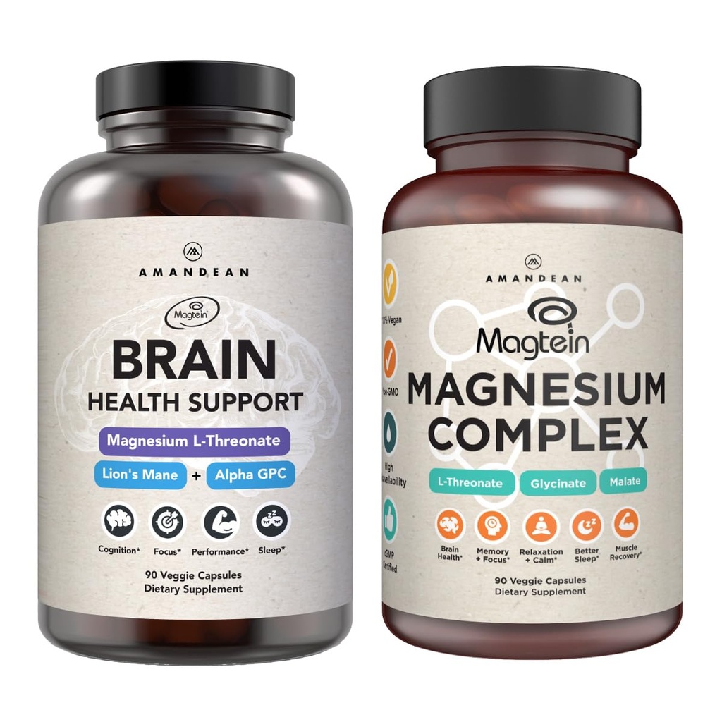 AMANDEAN Premium Brain & Magnezijev paket: Visoko-Absorpcija Magnezijev L-treonat, Glycinate & Malate, ZDA-Grown Egyc Lion's Mane 6:1 Extract, in Alpha-GPC. Podpira kognitivno zdravje, osredotočenost in spanje