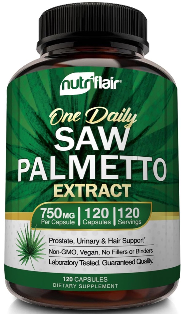 NutriFlair Saw Palmetto Extract 750mg, 120 Kapsule - Natural Prostata Supplement & Berry Health Support - pomaga Block DHT za preprečevanje izpadanja las in pomaga zmanjšati pogosto uriniranje, za ženske in moške
