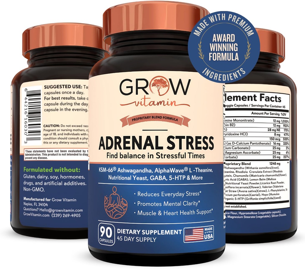 Grow Vitamin Adrenal Stres Napredna Formula, Organic KSM-66 Ashwagandha z AlphaWave L-Theanin, 5-HTP, magnezijeva mešanica - vsakodnevni stres Relief, podpora razpoloženju, kognitivni, zdravje možganov, 90 kapsul