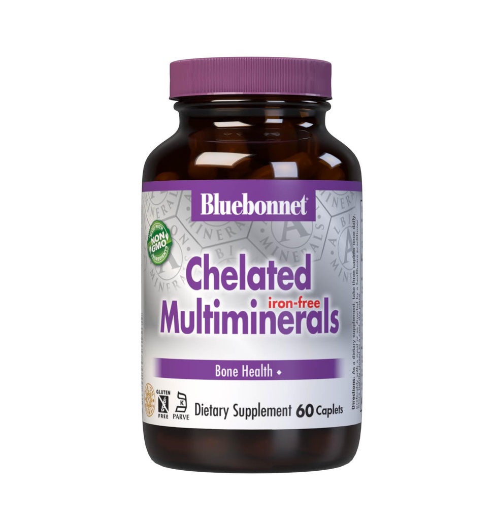 Bluebonnet Nutrition High Potent Chelted Multiminerals (Iron-Free), Albion kelirani minerali, soja-free, Gluten-free, Non-GMO, Kosher Certified, Dairy-Free, 60 Caplets, 20 Servings