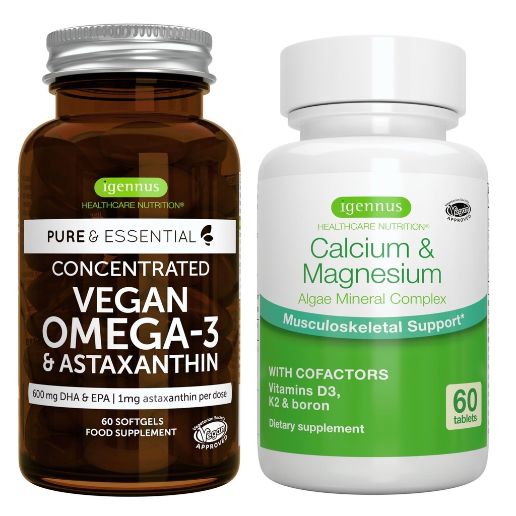 Vegansko Omega-3 + Kalcij & Magnezijev kompleks Vegan Bundle, trajnostno EPA & DHA Algae olje 1340mg + 2:1 Rastlinski mineralni kompleks Algae, Igennus