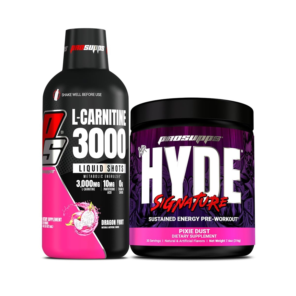 PROSUPPS L-Carnitine 3000 Brezalkoholni tekoči streli (31 strežnikov, zmajevega sadja) in g. Hyde Signature Series pred-workout Energy v prahu pijača (30 strežnikov, vilinski prah)