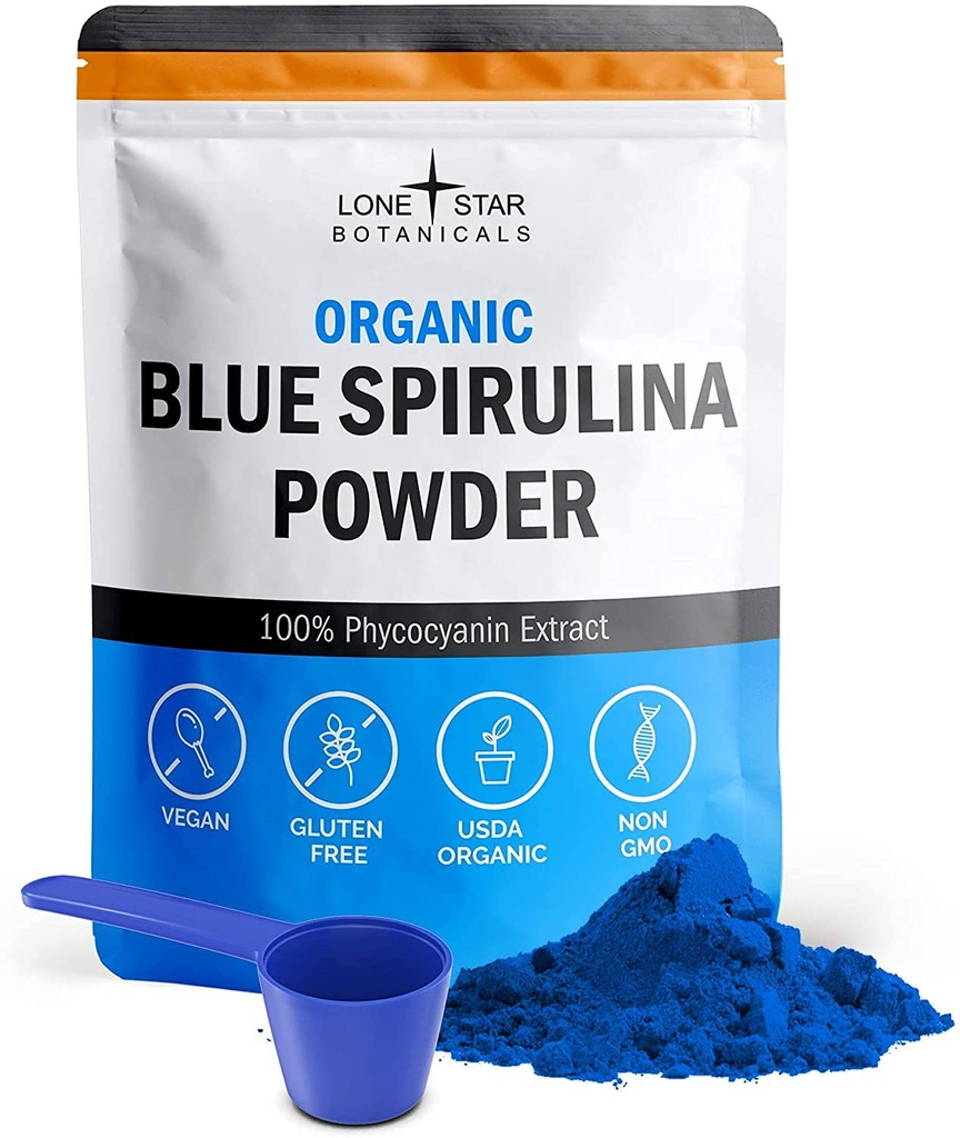 Botanični botaniki Osamljene zvezde Organic Blue Spirulina Powder - 100% Pure Blue-Green Algae, Brez vonja po ribah, Veganska superhrana za napitke in pijače, Ne GSO, Gluten-free, Vegan