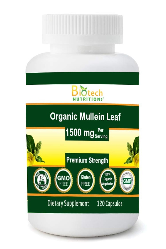 Organic Mullein Leaf 1500 mg Serviranje 120 Zelenjavnih kapsul Izdelano v ZDA