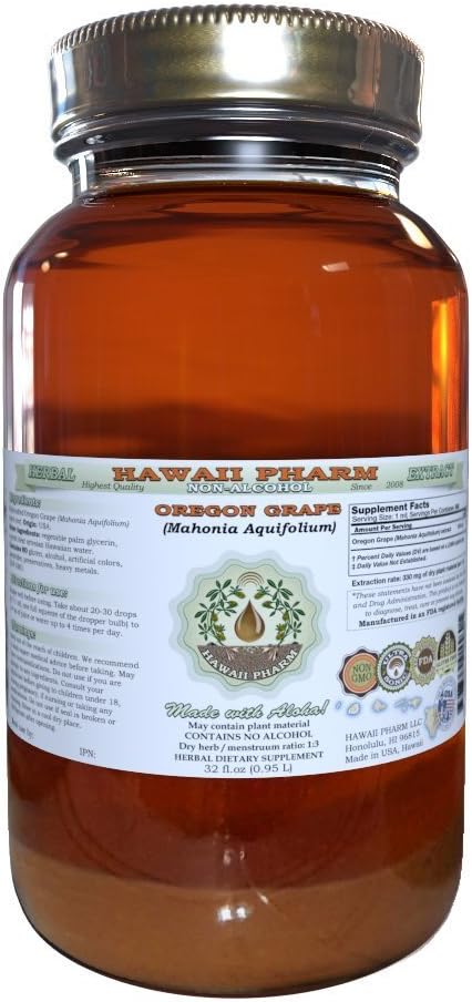 Havaji Pharm Oregon Grozdje brez alkohola Tekoči ekstrakt, Oregon Grozdje (Mahonia aquifolium) Posušeni koren Glicerit Naravni zeliščni dodatek, ZDA 32 fl.oz