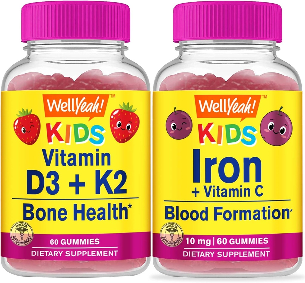 WellYeahe Vitamin D3+K2 otroci + železo + vitamin C otroci, Gummies Bundle - odličen okus, vitamin dopolnilo, Gluten brezplačno, GSO brezplačno, žvečljivi gumi