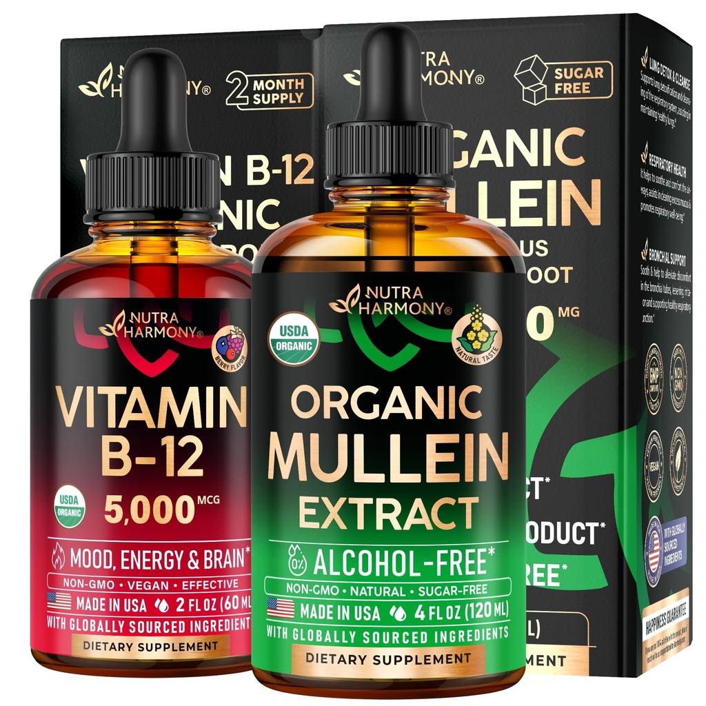 NUTRAHARMONY Organic Mullein kapljice in vitamin B12 kapljice