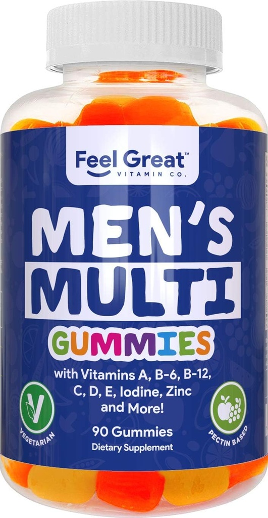 Feel Great Vitamin Co. Moški multivitaminski gumi, pakiran z vitaminom A, B-6, B-12, Biotin, C, D3, E, Jod, Folna kislina, cink. Narejeno v ZDA. 45-dnevna dobava