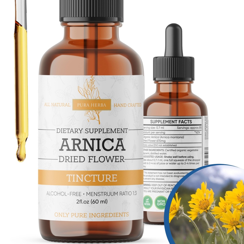 Arnica Liquid Extract – Alkohol brez alkohola, Vegan, podpira mišično regeneracijo in skupno udobje, hitro absorbira Tinkture, Made in USA – 2 Fl Oz