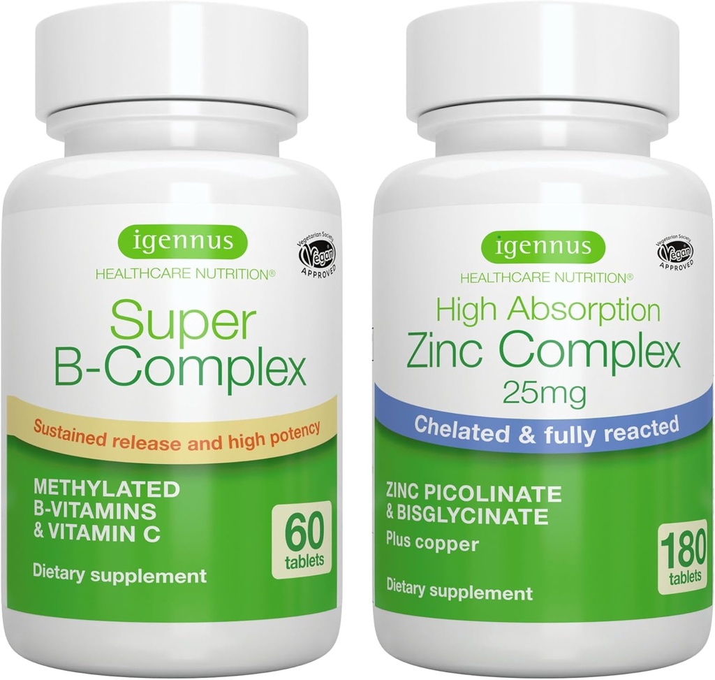Super B-kompleks + Cinkov kompleks Vegan paket, Metilirana trajen release B kompleks + 25mg kelirani cinkov pikolinat & biglicinat z bakrom, Igennus