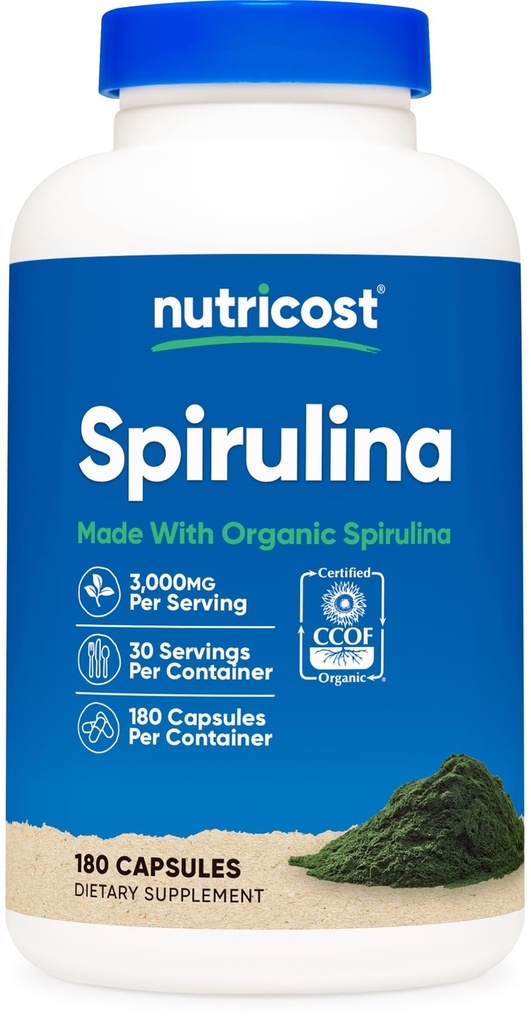 Nutricost Spirulina 3.000mg, 180 Kapsule za 30 Servingov - COF Certified Made with Organic Spirulina, Gluten Free, Vegetarian