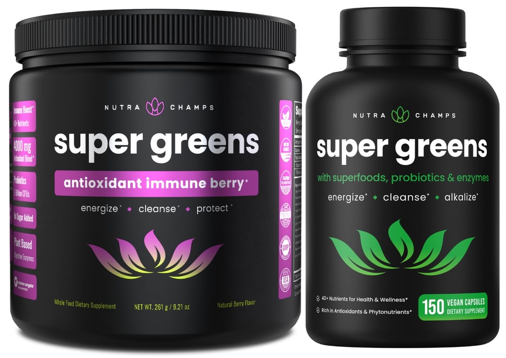 NutraChamps Super zelene antioksidant v prahu in super zelene kapsule