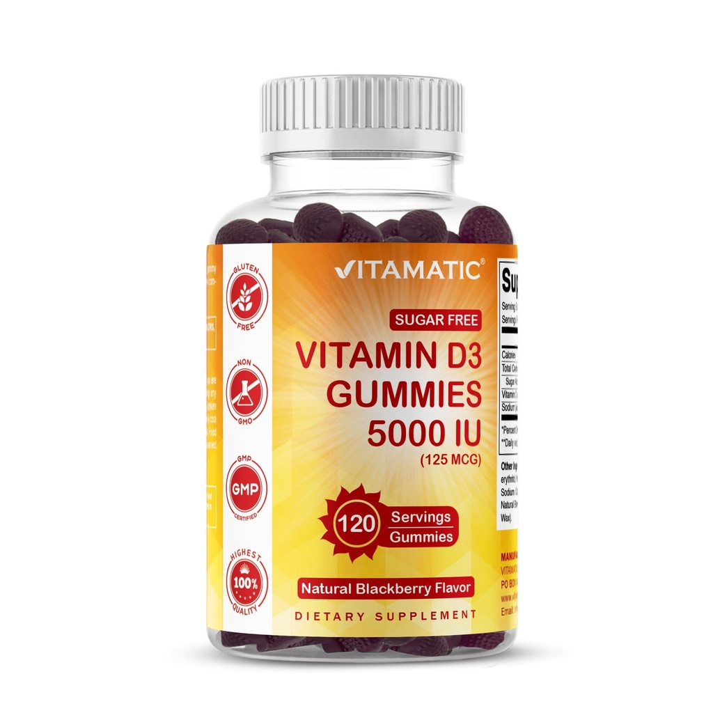 Vitamatski vitamin brez sladkorja D3 5000 i.e. - 120 Gummies - Dober okus - Zdrave kosti, Mood & Imunski sistem Funkcija - Non-GMO - 120 Serving (5000 i.e.)