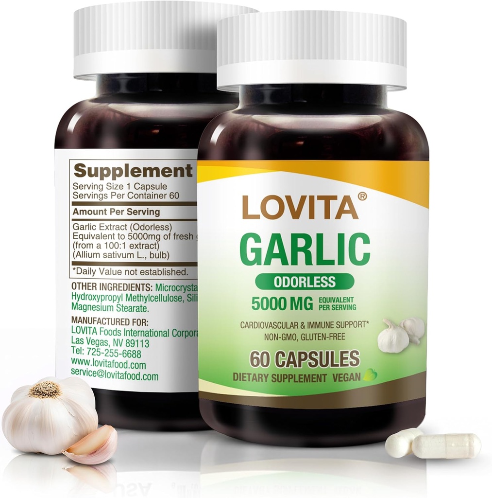 Lovita Česen kapsule brez vonja, 5000 mg Sveže česen ekvivalent, 1,25% Izvleček alicina, podpira srce, krvni tlak, holesterol in imunski sistem, ne- GMO, Gluten-free, 60 Veganskih kapsul