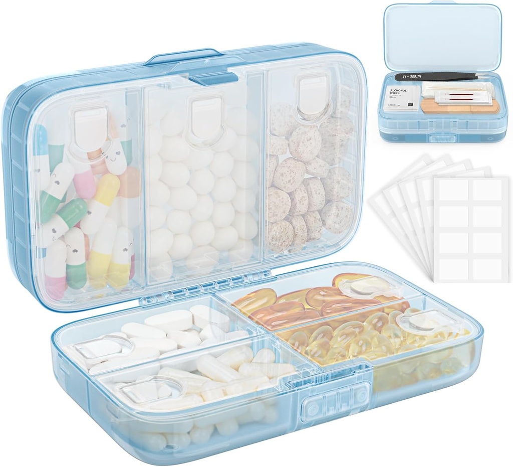 FYY tedenske tablete Organizator z nalepkami,8 Kompartmenti Travel Daily Pill Primer Airteight Vlažne velike tablete Škatla za zadrževanje vitaminov, ribje olje, dodatki,Cotton swab in pasovi-modra