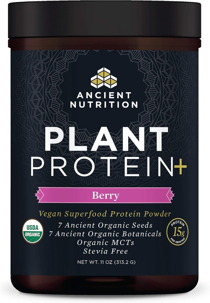 Ancient Nutrition Plant Protein Powder, Plant Protein+, Berry, Organic Vegan Superfoods Supplement, 15g Protein Per Serving, Super za Beljakovine Shake, Gluten Free, Paleo Friendly 12 Servings