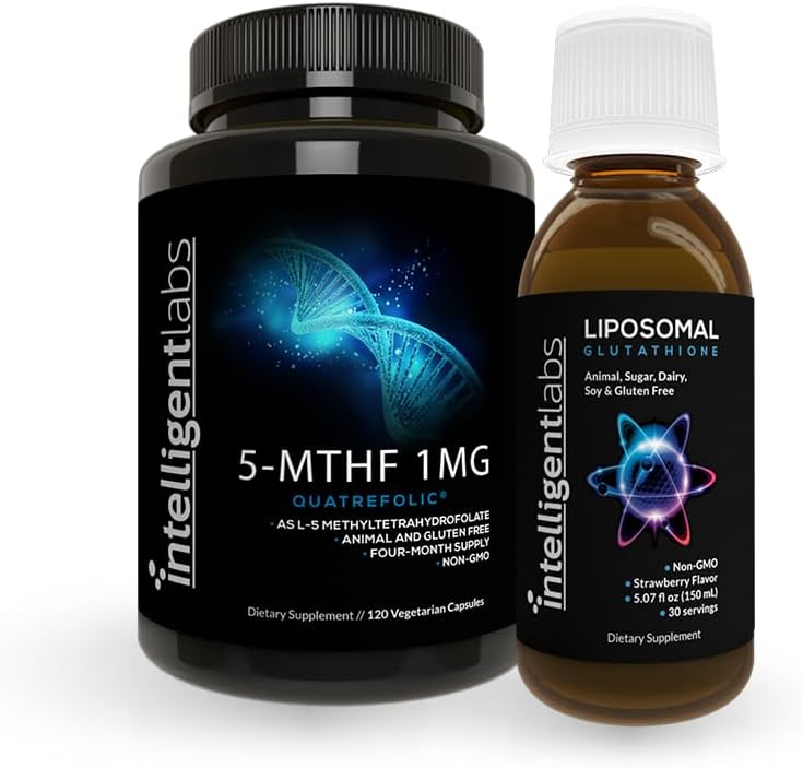 Inteligentni laboratoriji 2-v-1 paket 500MG liposomski glutation (Liquid Antioksidant Supplement) in 1MG 5-MTHF metilfolat kot Quatrefolium Acid® (MTHFR dodatek za metilacijo podporo)