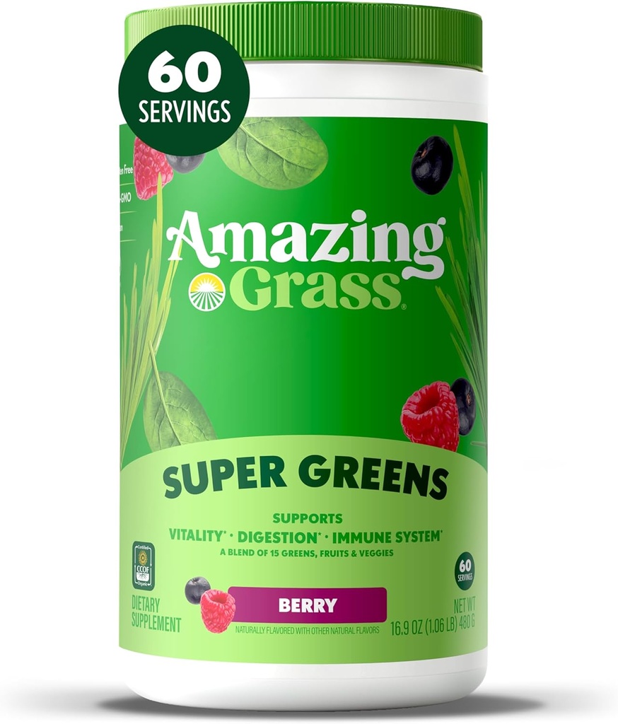 Neverjetna travna zelena mešanica superhrana: Super zeleni v prahu Smoothie Mix with Spirulina, Klorella, Pese Root Powder, Prebavne Enzymes & Probiotics, Berry, 60 Serving (Packageing maj Vary)