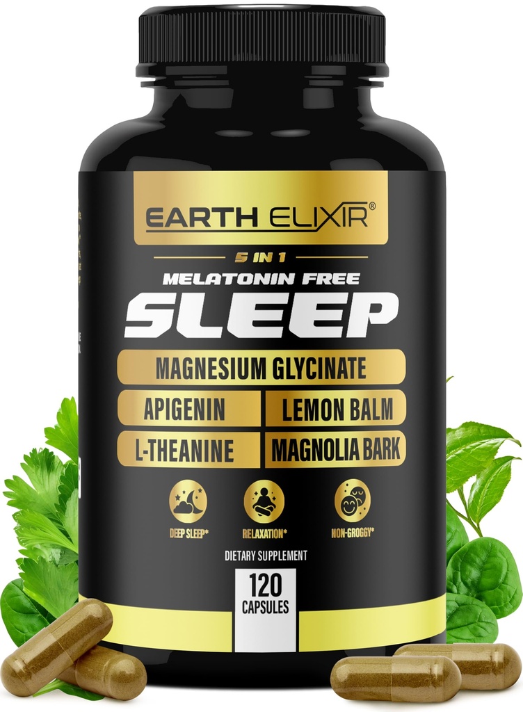 Earth Elixir 4-in-1 Pomoč v spanju (120 Caps) w/Apigenin 50mg, Magnezij Glicinat 200mg, L Theanine 200mg & Valerian Koren za pomoč v spanju 300mg 