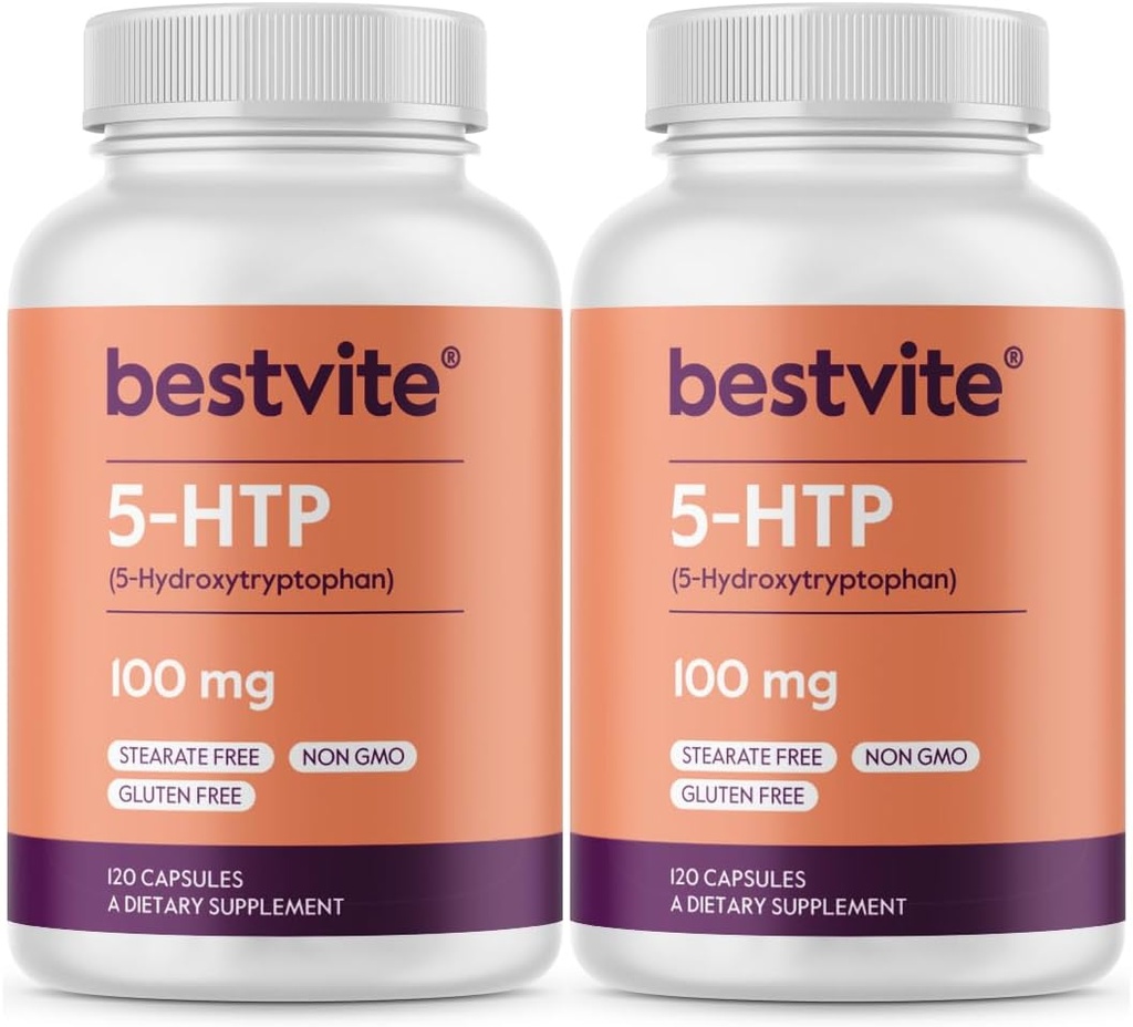 BESTVITE 5-HTP 100 mg (240 kapsul) (120 x 2) - brez stearat - brez povzročiteljev pretoka - brez GSO - brez glutena