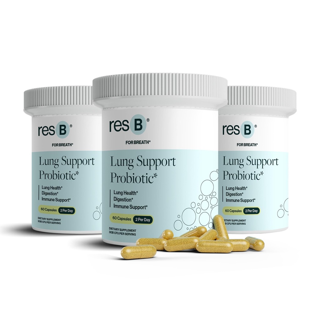 Resbiotic resB Lung Support Probiotic Supplement - Lung Health Supplement za kadilce, Gut Health, Imunska podpora, Oskrba dihal, Sveti Bazilij, Kurkurja, Klinično preizkušen - 180 Kapsule (3 steklenice)