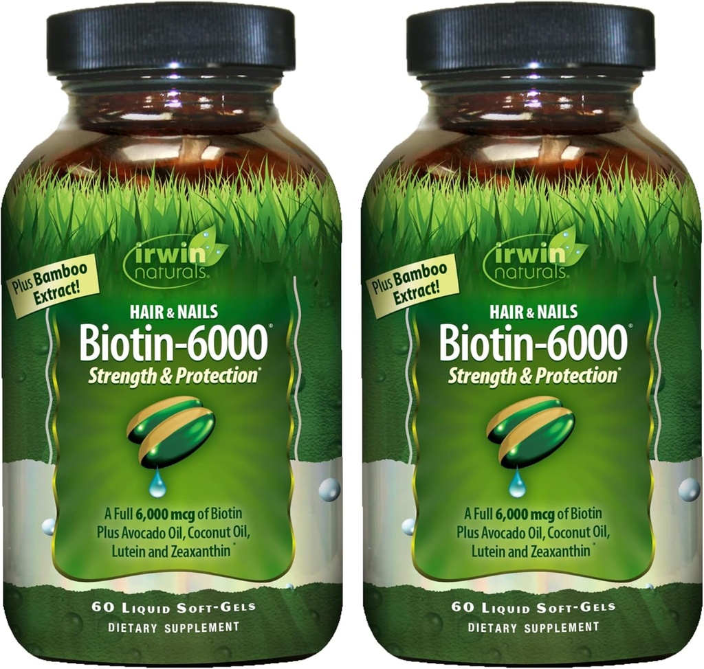 Irwin Naturals Biotin-6000-60 Liquid Soft-Gels, Pack of 2 - Podpira moč in zaščito za lase in nohte - z oljem Avocado, kokosovim oljem, Lutein & Zeaksantin - 60 skupno serviranje