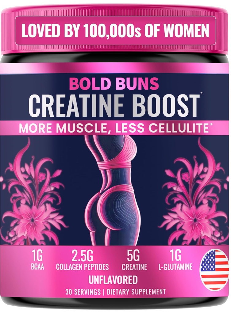 Bold buns Kreatin za ženske – Booty Builder dodatek z Collagen & BCAA – Podpira razvoj mišic, okrevanje po delu, elastičnost kože, zdravo las & noht 