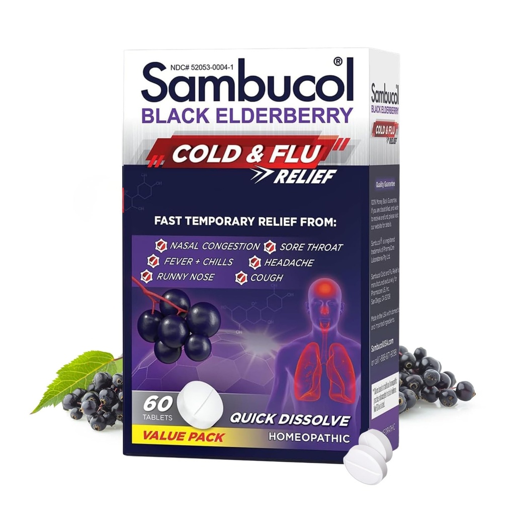 Sambucol Cold and Flu Relief Tablets - Homeopathic Black Elderberry Cold Medicine, Drowsy Free Remedy for Adults with Zinc, Quick-Dissolving Tablets for Men and Women - 60 Count | Homeopathic Black Elderberry Cold Medicine, Drowsy Free Remedy for Adults with Zinc, Flu Tablets for Men & Women