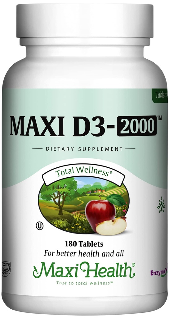 Maxi Health Kosher Vitamin D3 2000IU - Zelo absorbtivni dodatki vitamina D za zdrav imunski odziv, kalcijeva absorpcija, zobje in zdravje kosti - D3 Vitamin 2000 IU - 180 tablet