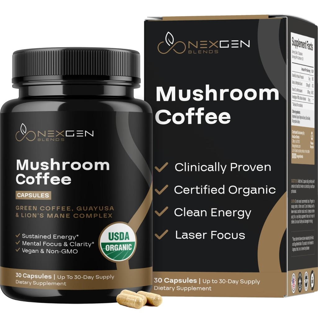 100% Eko goba kava Kapsule - Naravni energijski dodatek s 130mg kofeina iz klinično dokazano Zelena kava Fižol & Guayusa Izvlečki za Jitter-free energije & Focus (30 strežnice)